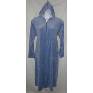 Blue Plus Sz 2X Soft Velour Hooded Zip Up Roomy Lounge Robe Pockets DRAMS & CO